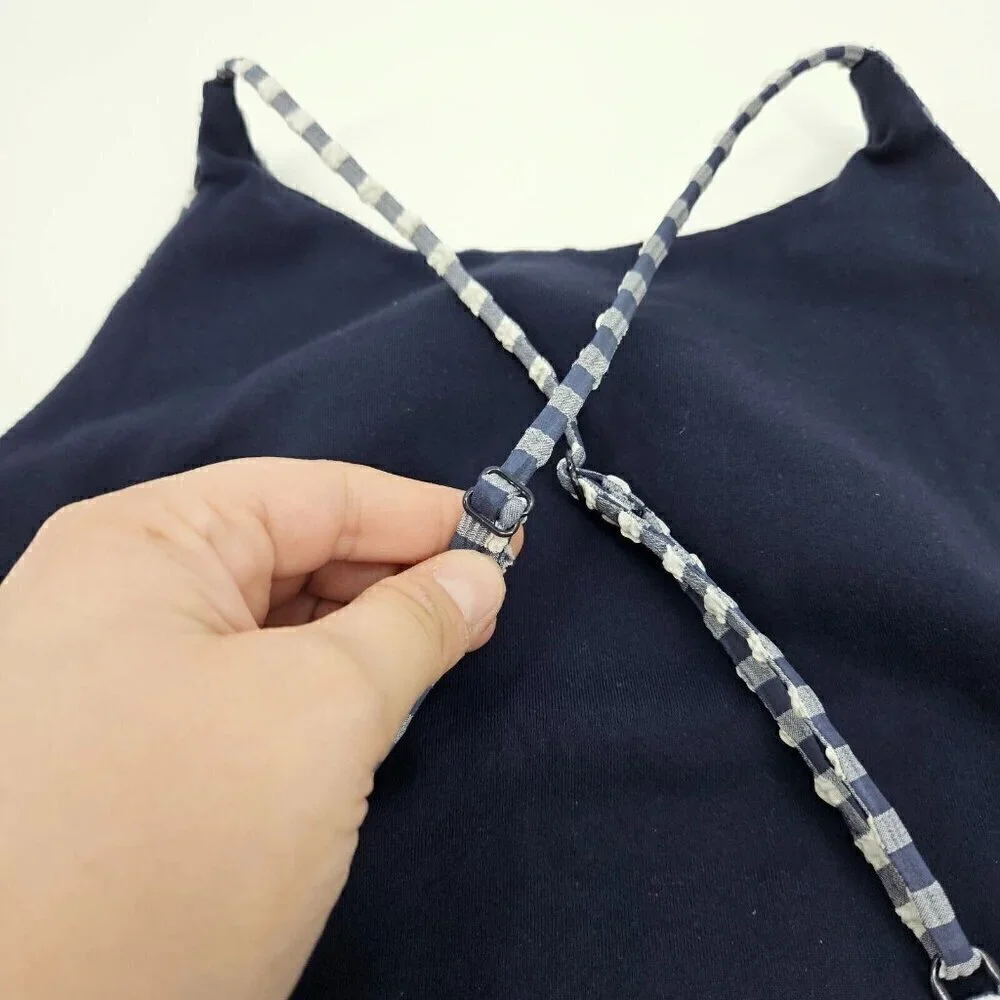 J. Crew Puckered Gingham Sports Bra Blue Women's Size XL High Neck Athleisure